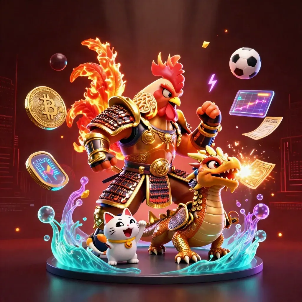 Rooster warrior, dragon hatchling, and fortune-cat amid casino sparks, coins, and neon light.
