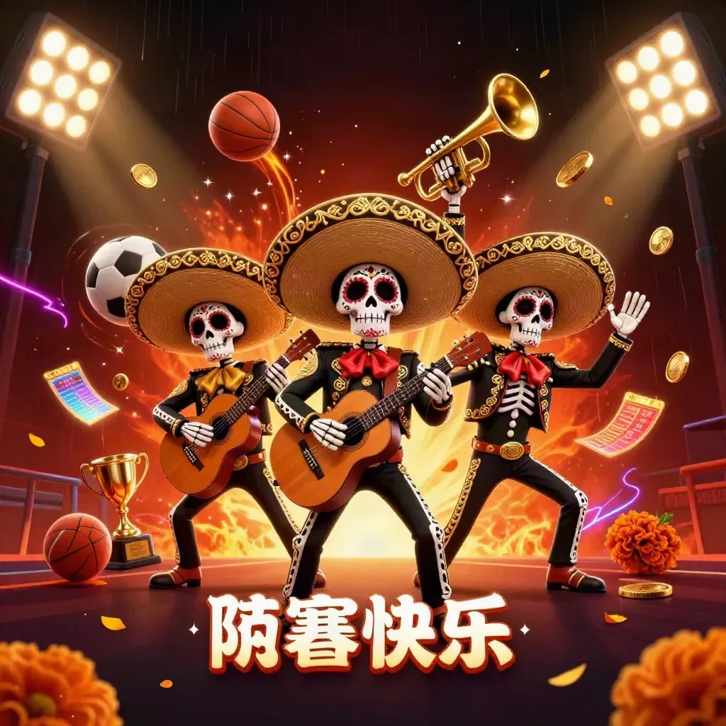 Day-of-the-Dead mariachi skeleton trio amid gold coins, sports balls, trophy glow, cinematic casino art
