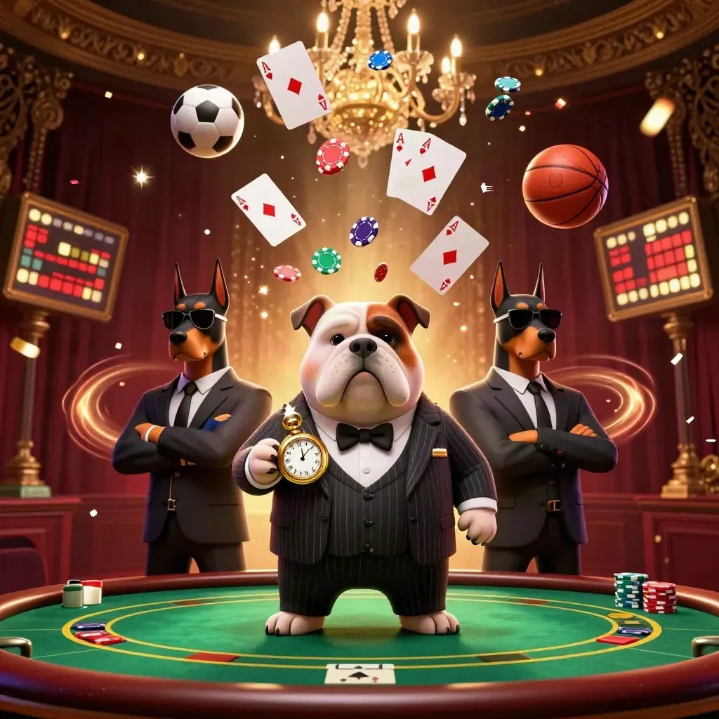 Low-angle cartoon bulldog mob boss with Dobermans amid poker chips, balls, confetti, and casino glow.