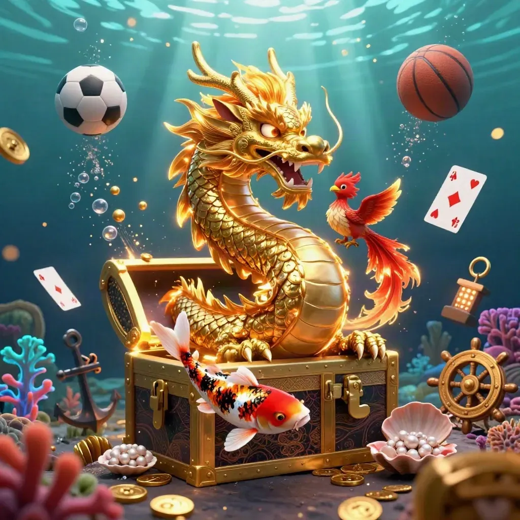 Golden dragon, phoenix and koi amid underwater coins, coral, balls, cards and glowing light.