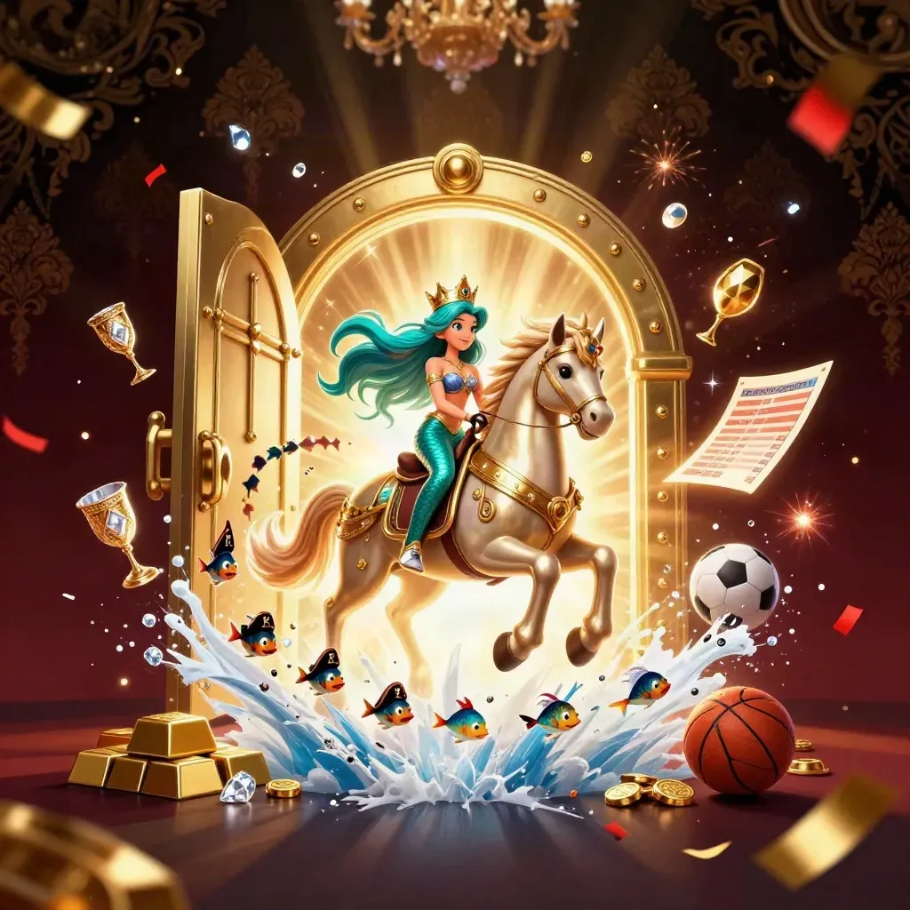 Mermaid princess on armored seahorse amid vault blast, gold, gems, confetti, and casino glow.
