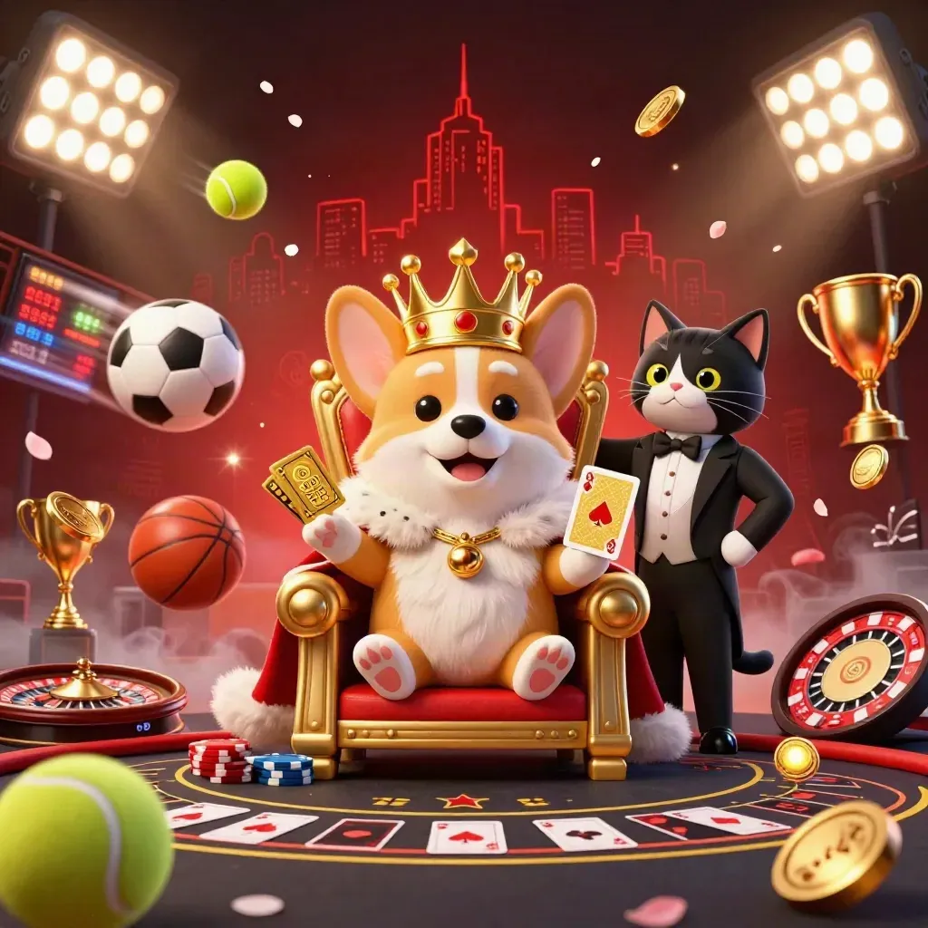 Royal corgi and cat butler amid casino glory, sports balls, trophy, coins, and glowing effects.
