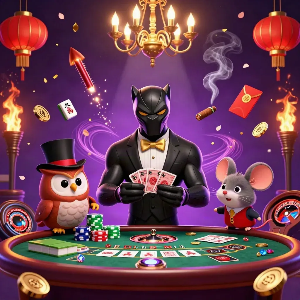 Panther, owl, and mouse in a luxe casino room with lanterns, jade coins, and purple starfield.