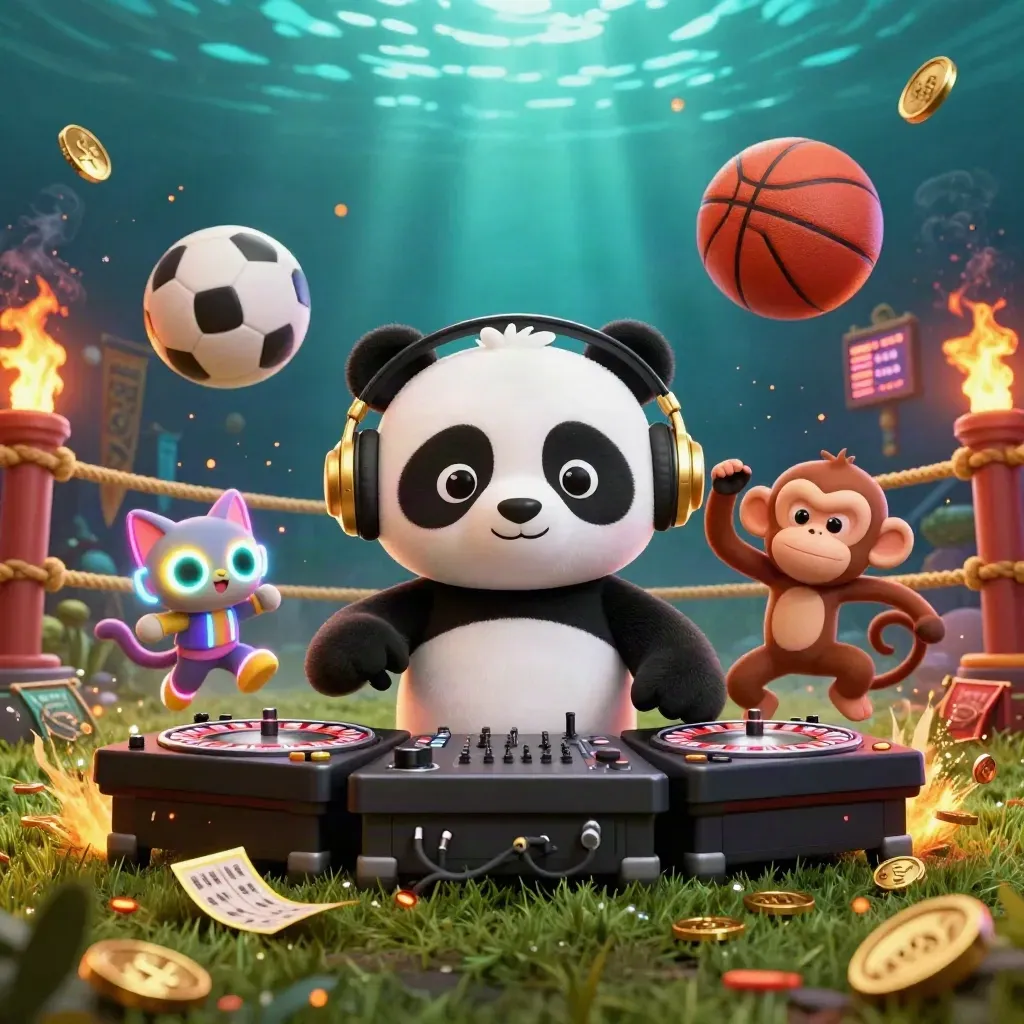 Low-angle neon casino breakdance with panda, monkey, kitten, balls, coins, and torchlit glow.