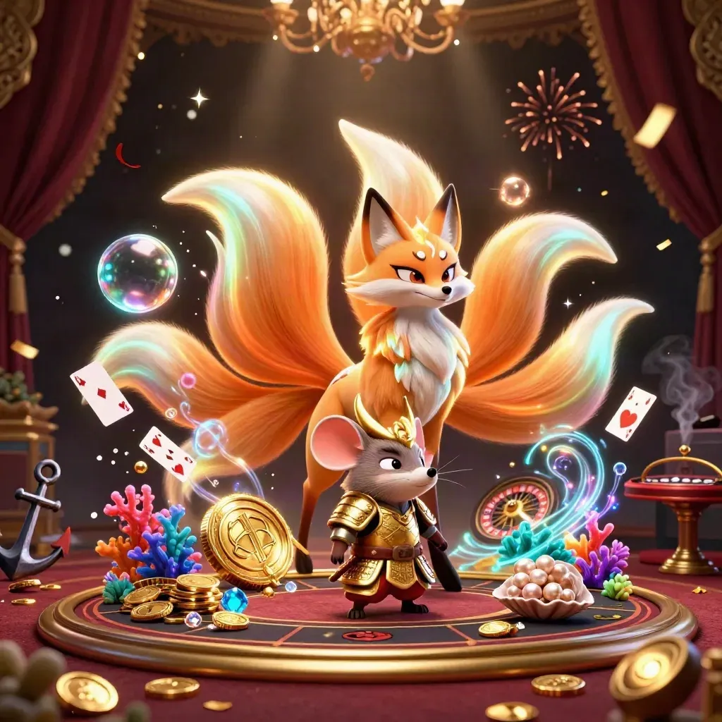 Neon fox spirit and armored mouse amid treasure, coral, cards, brass glow, chandelier bokeh.