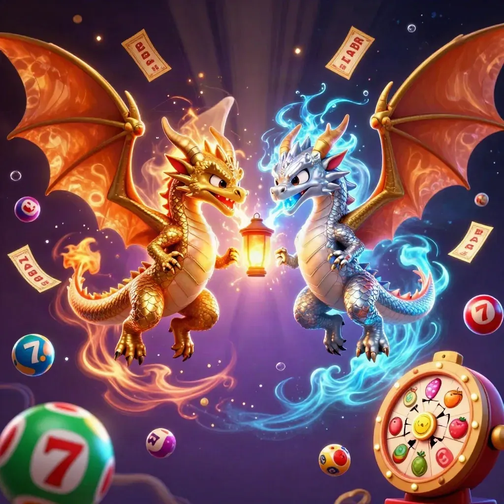 Gold and silver dragons spiral in a neon casino burst with lottery balls, tickets, and glowing underwater magic.
