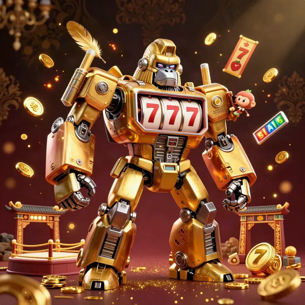 Golden gorilla mech with tiny monkey pilot, casino effects, temple gate, coins, and dramatic light.
