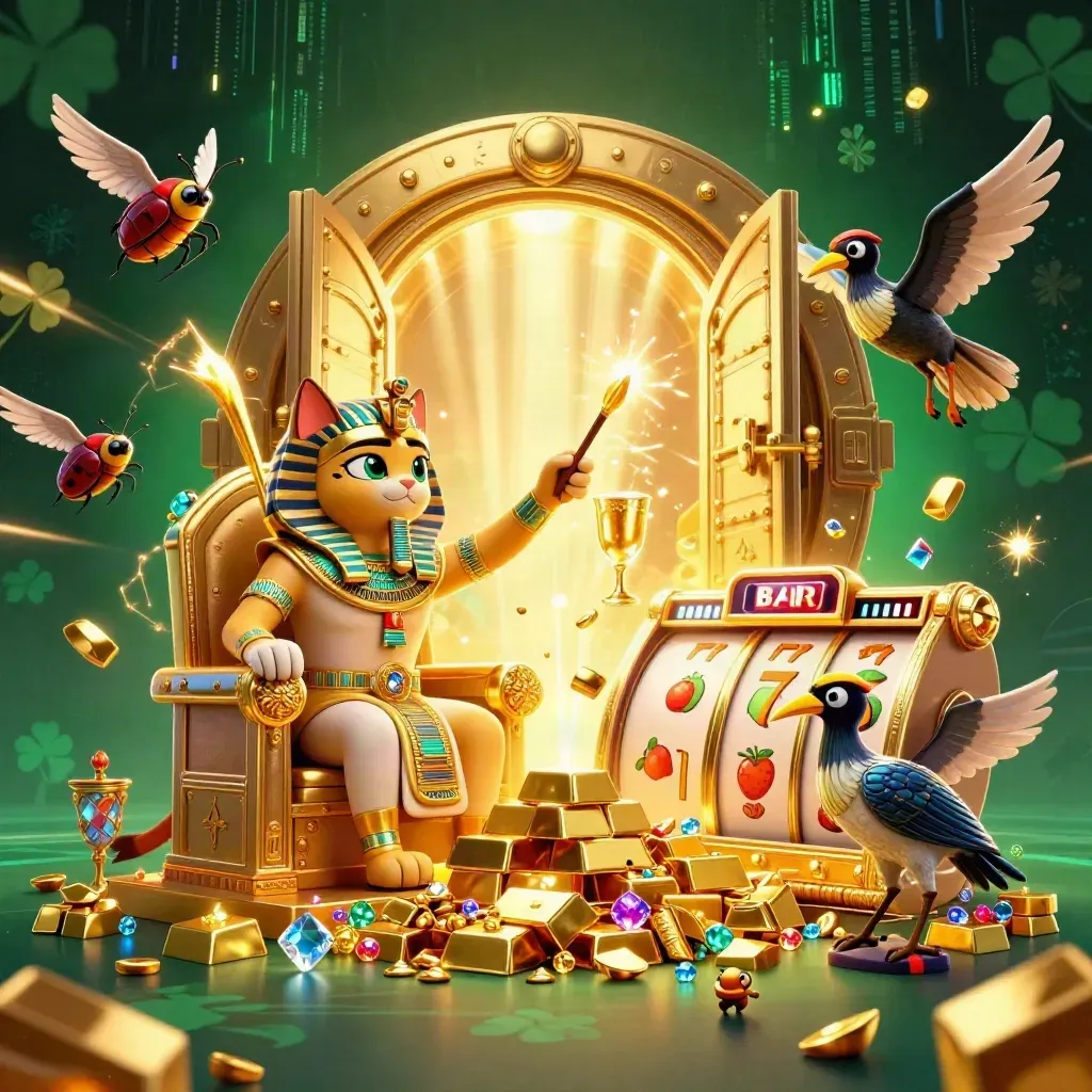 Pharaoh cat, ibis scribe, and gem-wing scarabs burst from a vault of gold and jewels.