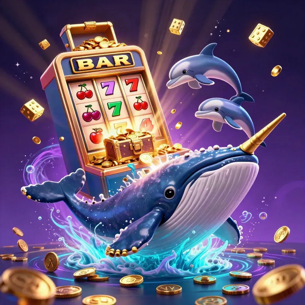Whale captain, narwhal, and dolphins burst through coins with jackpot slot machine, dice, chest, neon glow.
