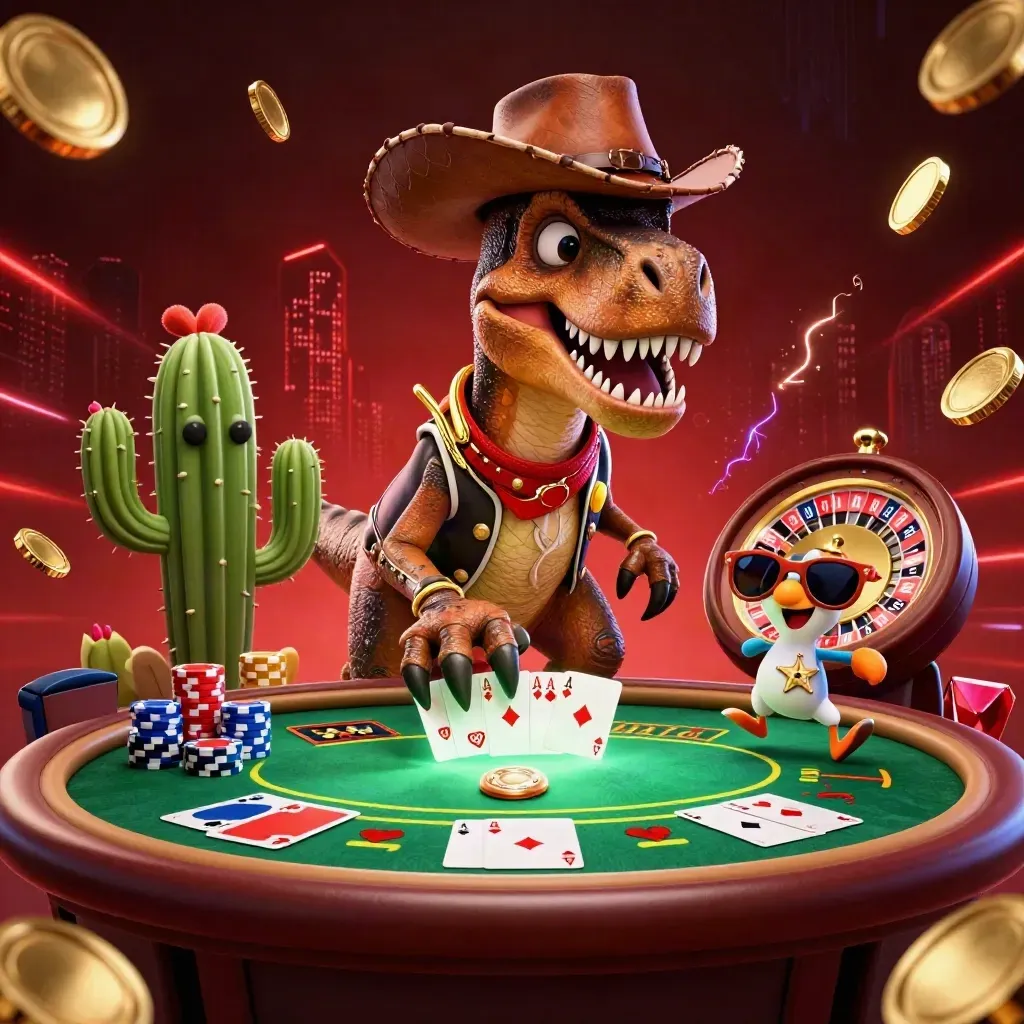 Cowboy T-Rex trio at a glowing casino table with chips, cards, roulette and neon effects.