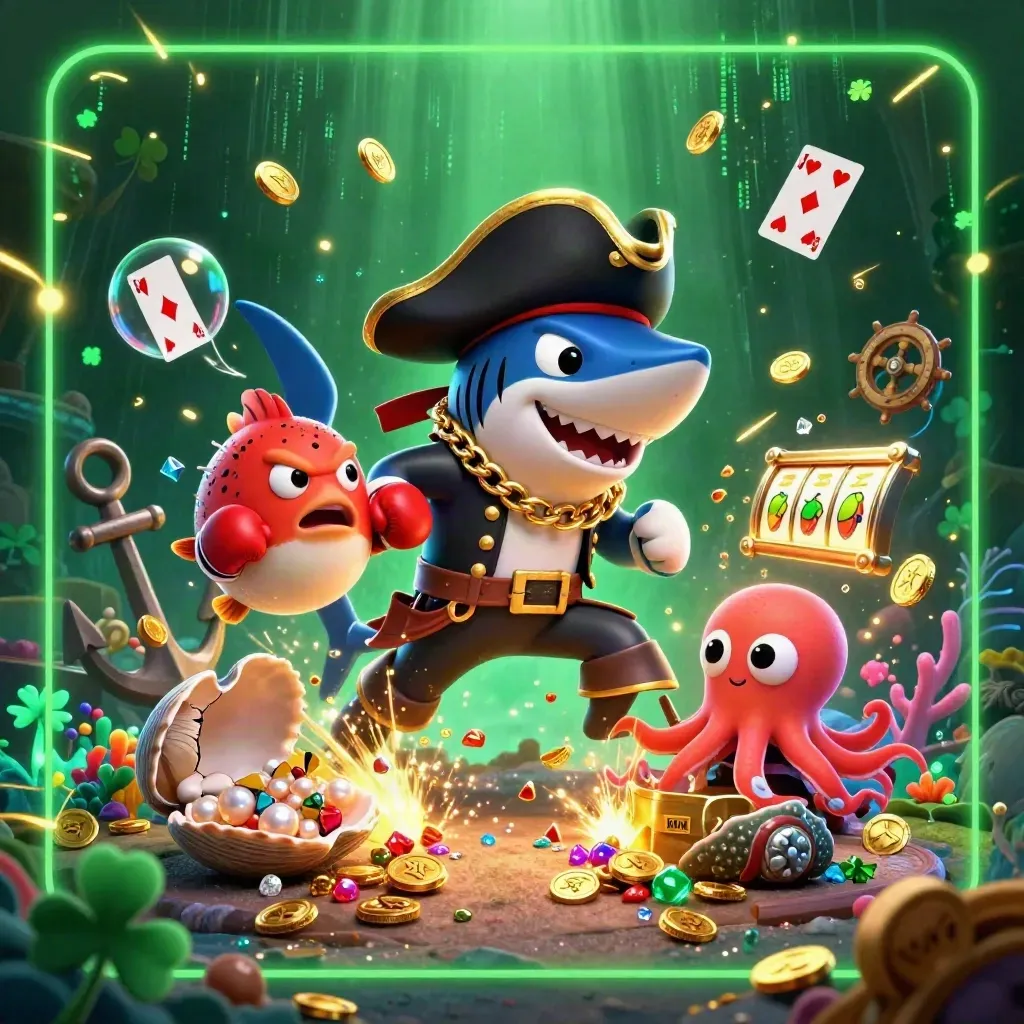 Pirate shark, boxing pufferfish, and octopus amid emerald treasure bursts and casino props.