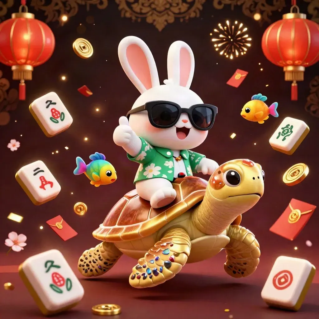 Rabbit on golden sea turtle amid casino treasures, lanterns, coins, and glowing luxury bokeh.
