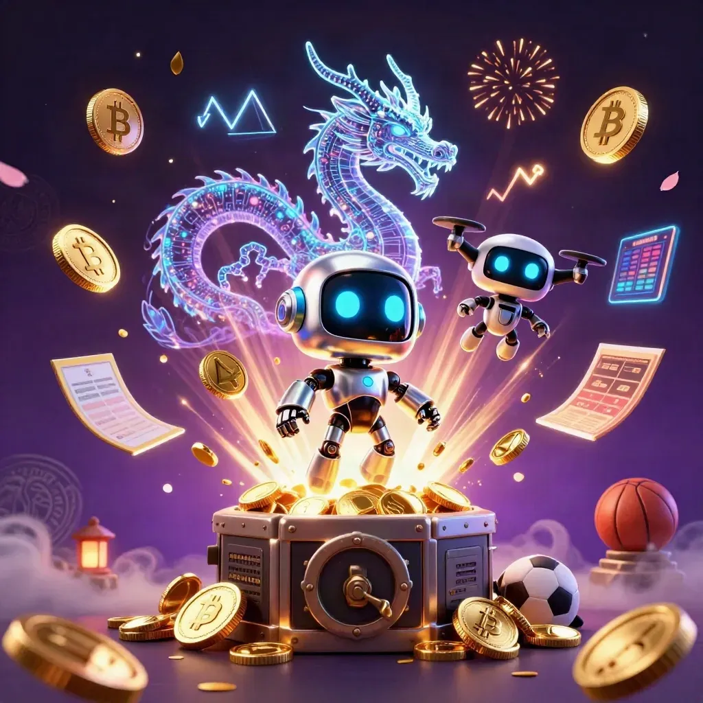 Robot, dragon, and coin drone burst from a golden vault amid casino crypto effects.