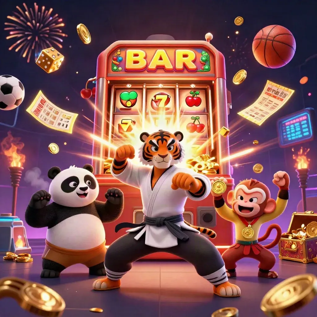Tiger, panda and monkey celebrate amid slot burst, gold coins, sports props and fireworks.