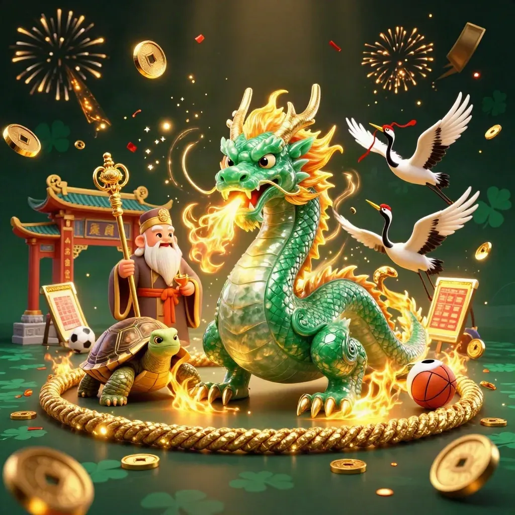 Jade dragon, turtle sage, and cranes amid gold coins, fireworks, and casino sports icons