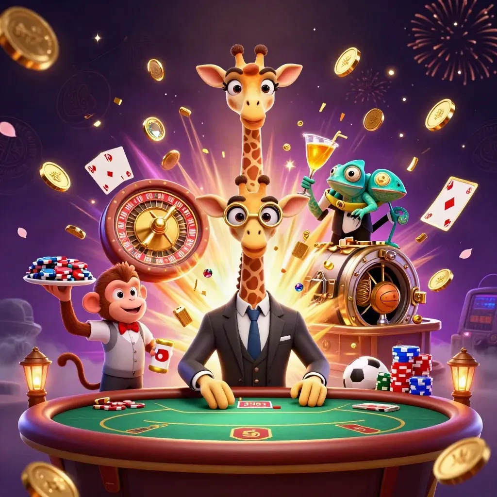 Giraffe, monkey, and chameleon in a luxe casino burst with coins, chips, cards, and glowing effects.