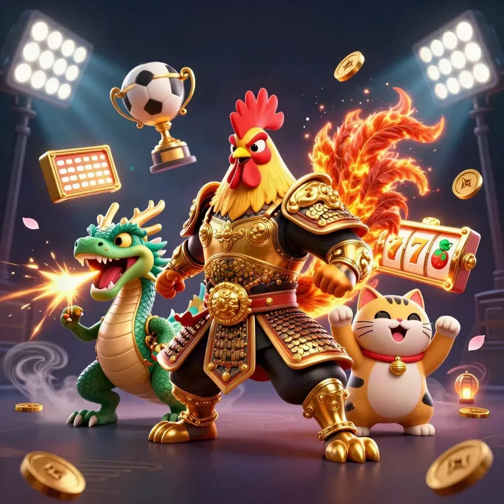 Rooster warrior, dragon hatchling, and cheering fortune cat amid casino and sports effects.