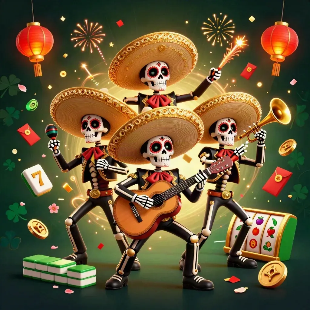 Three skeleton mariachi heroes amid casino lucky symbols, fireworks, petals, and glowing emerald-gold energy.