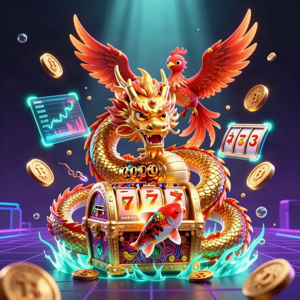 Golden dragon, red phoenix and koi amid casino coins, neon charts and dark cyan-purple glow.
