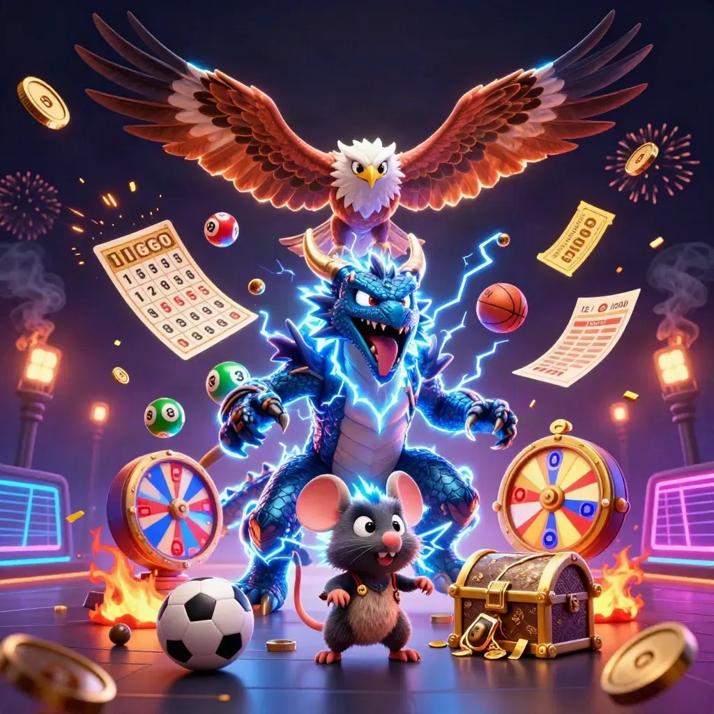 Thunder dragon, hawk and mouse amid casino winnings, coins and fireworks in a dark neon vault.
