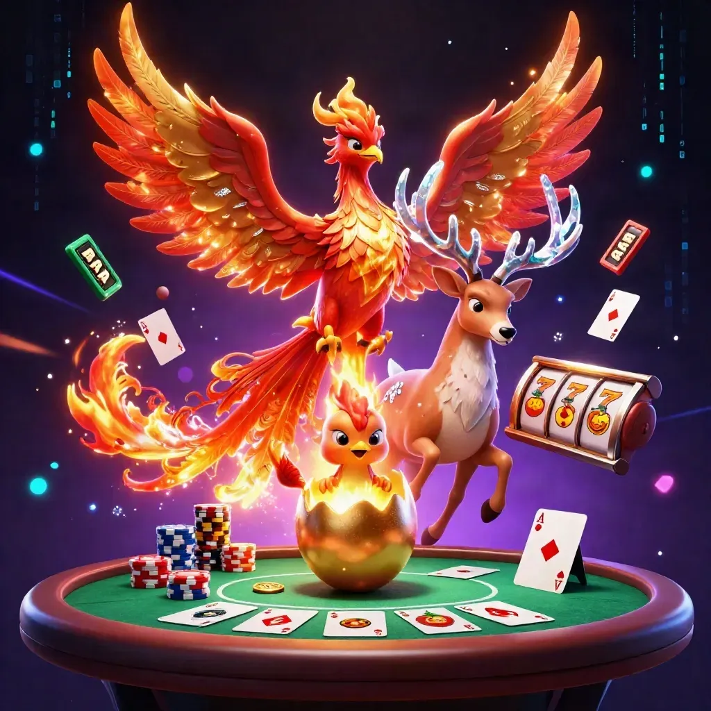 Phoenix, baby phoenix, and crystal stag over casino chips, cards, reels, and neon magic.