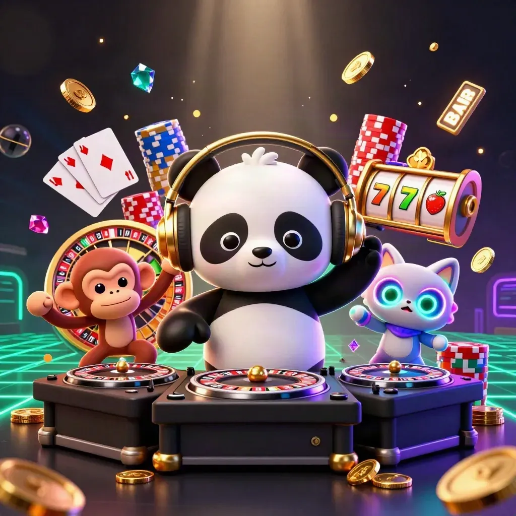 DJ panda, breakdancing monkey and glow-stick kitten amid casino reels, coins and neon effects