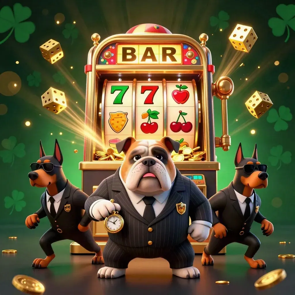 Mafia bulldog and two Dobermans burst from a slot machine with gold coins and dice